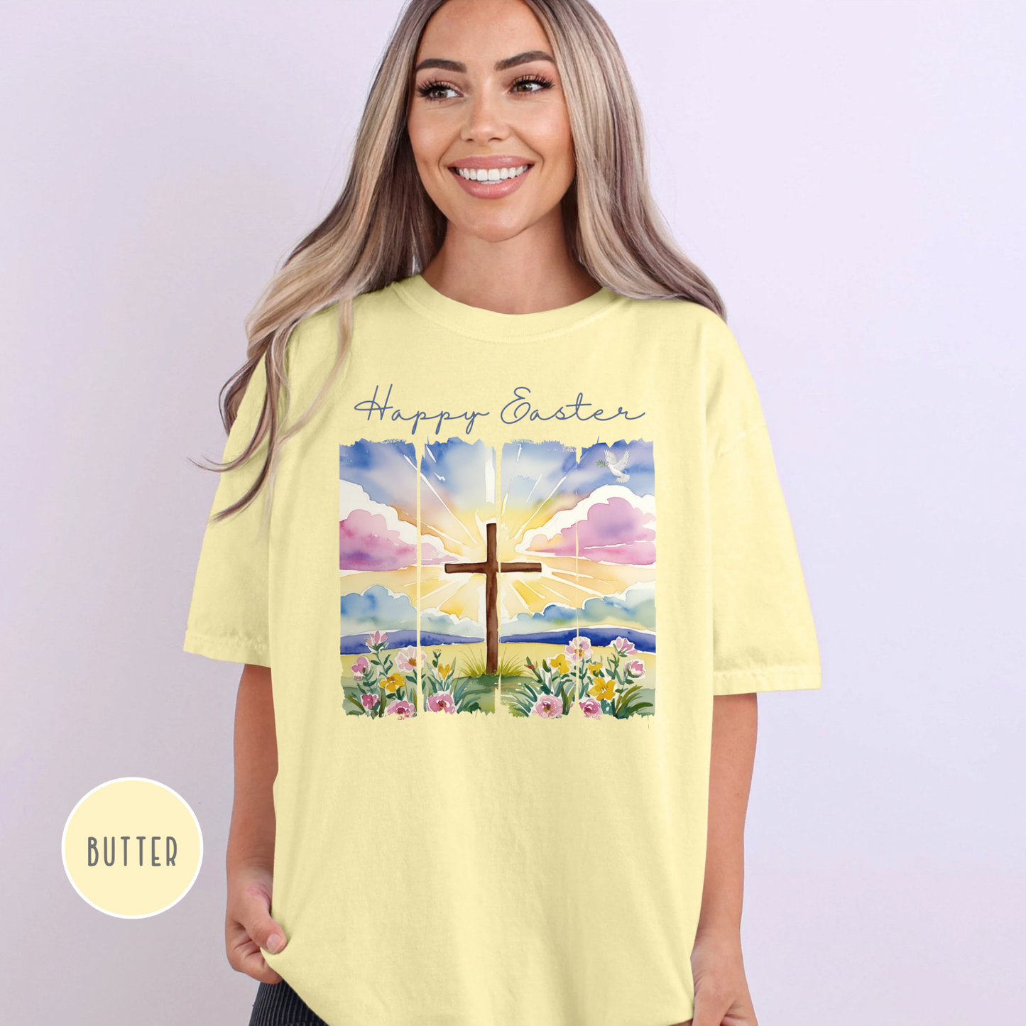 Happy Easter Shirt - Comfort Colors, Faith, Spring, Christian, Church, Jesus, Free Shipping, Paint Strip Design (33)