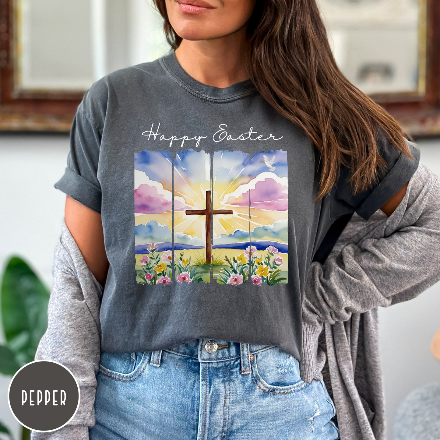 Happy Easter Shirt - Comfort Colors, Faith, Spring, Christian, Church, Jesus, Free Shipping, Paint Strip Design (33)