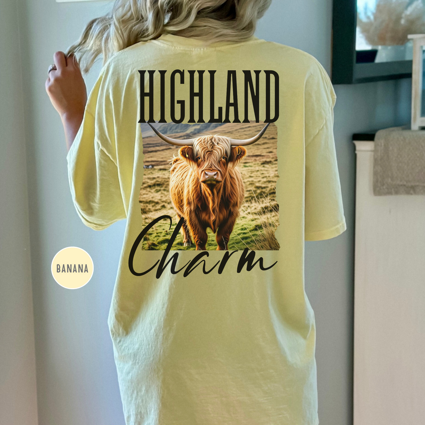 Highland Cow Charm Graphic T-shirt, Comfort Colors, Free Shipping, Western, USA (30)