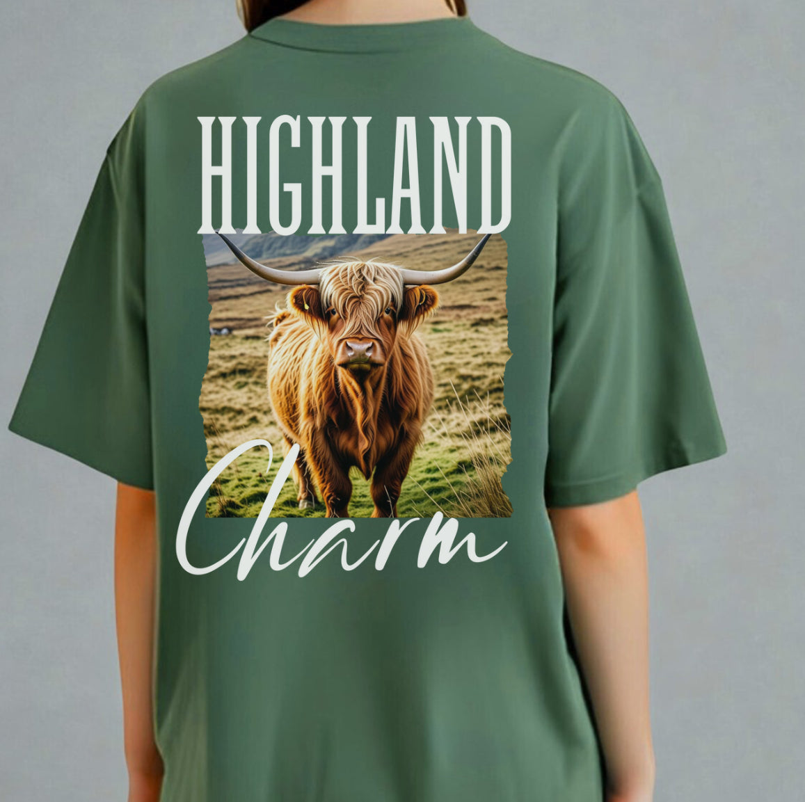 Highland Cow Charm Graphic T-shirt, Custom Comfort Colors Tee, Western T-Shirt, USA