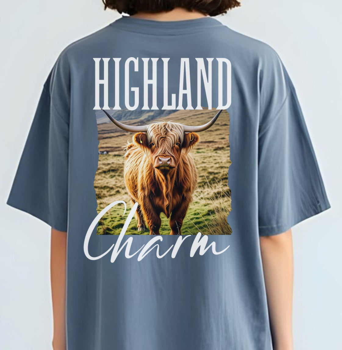 Highland Cow Charm Graphic T-shirt, Custom Comfort Colors Tee, Western T-Shirt, USA