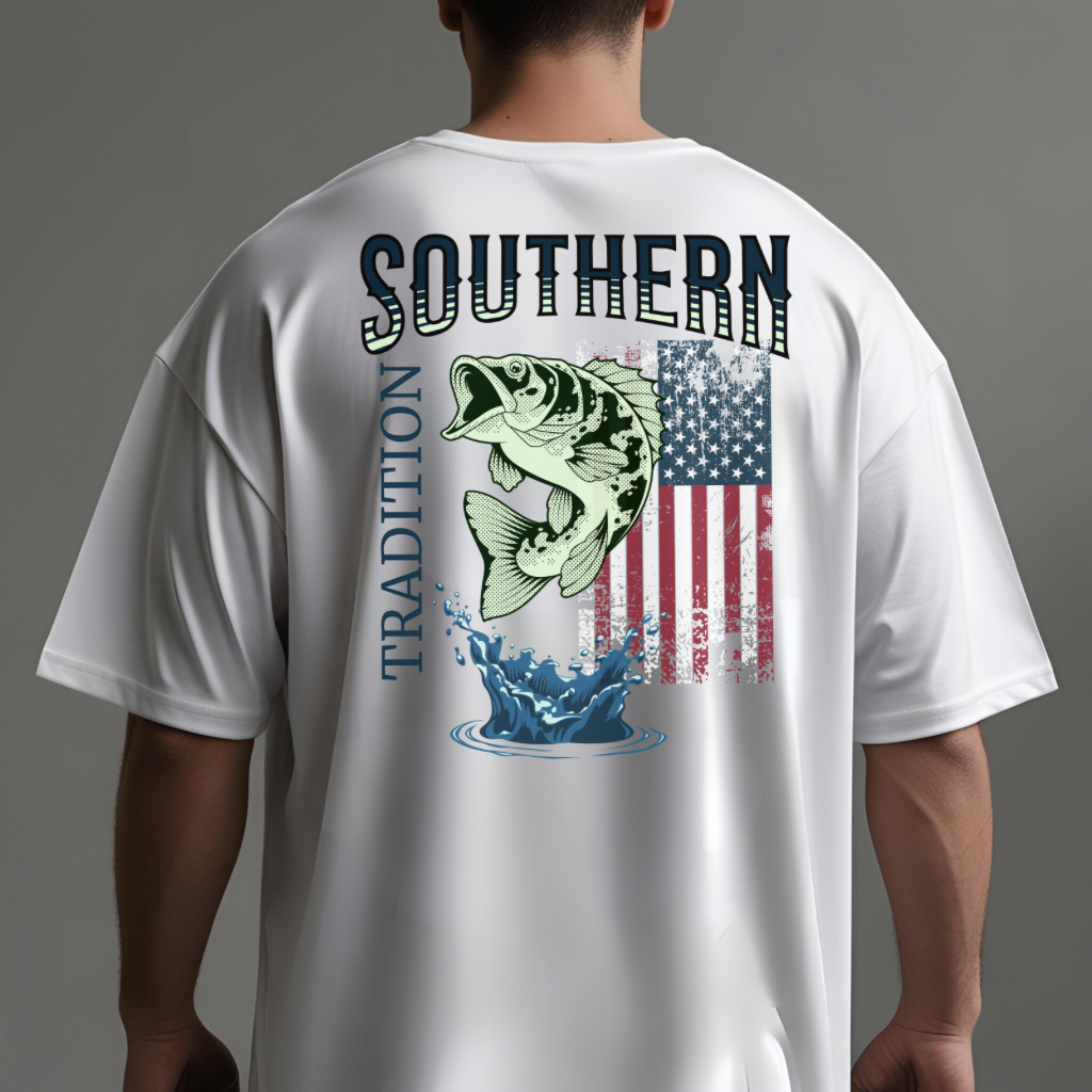 Southern Tradition Fishing Shirt, Big & Tall Size, Fathers Day, Custom Beefy-T, US Flag, Bass Fish (08)