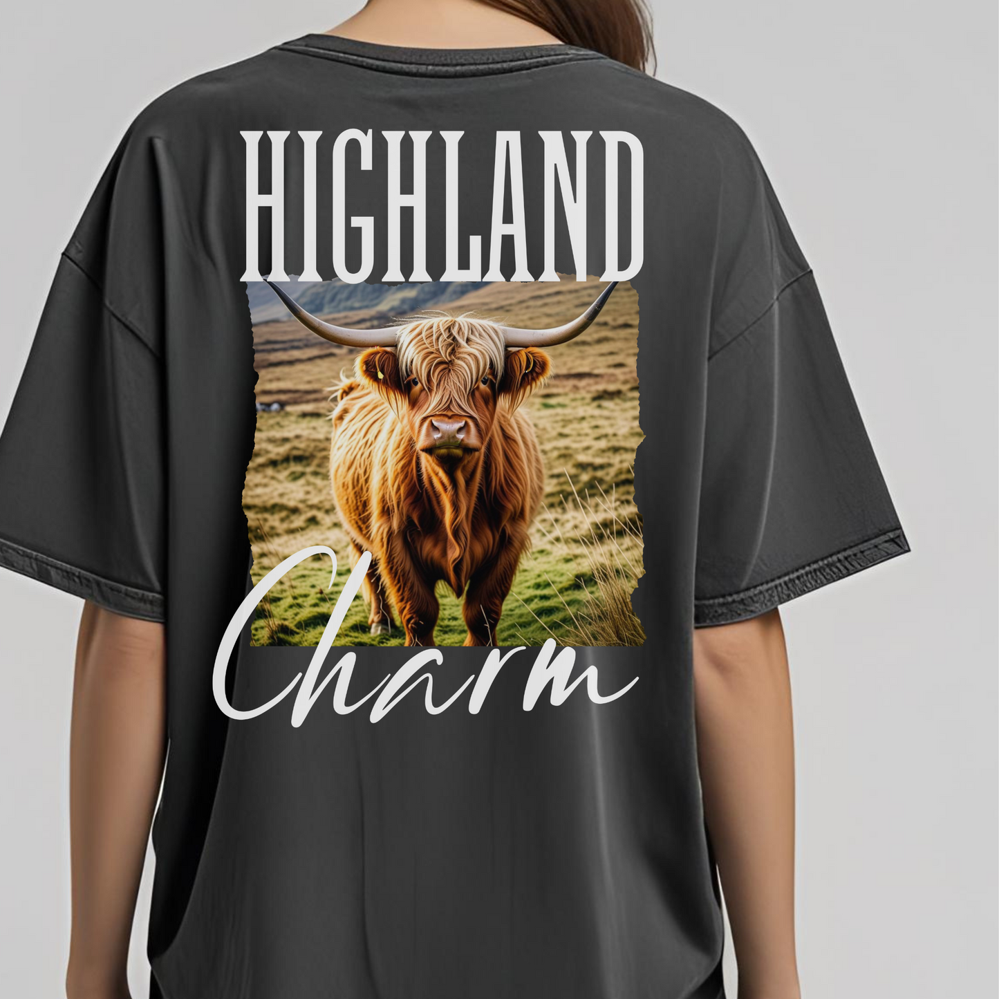 Highland Cow Charm Graphic T-shirt, Custom Comfort Colors Tee, Western T-Shirt, USA