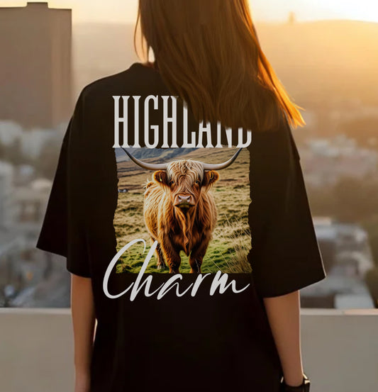 Highland Cow Charm Graphic T-shirt, Custom Comfort Colors Tee, Western T-Shirt, USA