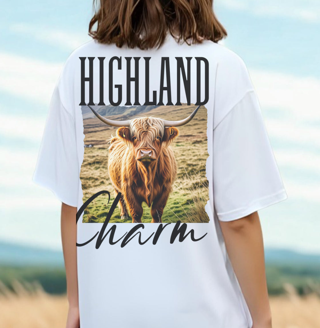 Highland Cow Charm Graphic T-shirt, Custom Comfort Colors Tee, Western T-Shirt, USA