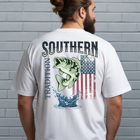 Southern Tradition Fishing Shirt, Big & Tall Size, Fathers Day, US Flag, Bass Fish