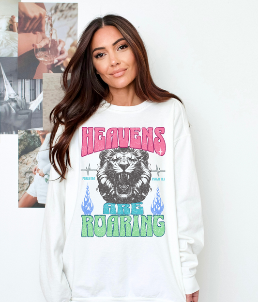 Heavens are Roaring Sweatshirt, Crew Neck, Lion, Colorful, Graphic, Vintage Look, (20)