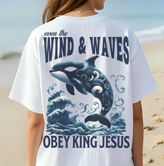 Wind & Waves Obey King Jesus Tee, Church Tee, Casual Christian Shirt, Ocean, Whale, Spiritual Tee